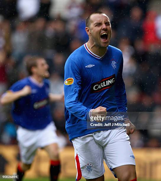Kris Boyd of Rangers celebrates after scoring during the Clydesdale Bank Scottish Premier league match between Hearts and Rangers at Tynecastle Park...