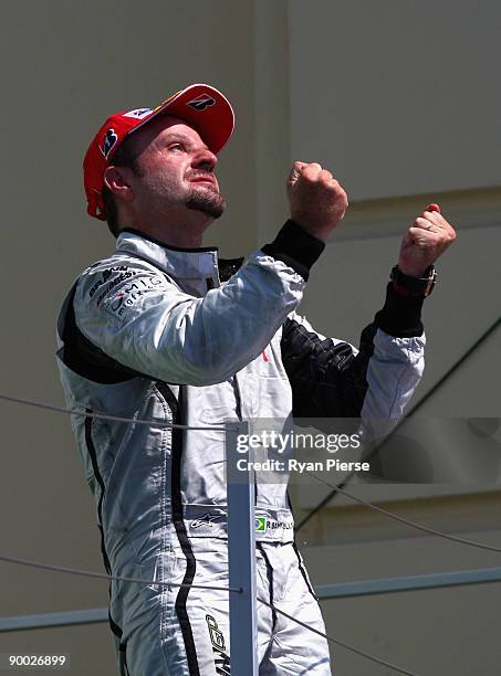 Rubens Barrichello of Brazil and Brawn GP celebrates on the podium after winning the European Formula One Grand Prix at the Valencia Street Circuit...