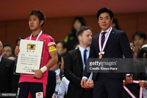 Cerezo Osaka head coach Yoon Jong Hwan and captain Yoichiro Kakitani are seen during the medal ceremony after the 97th All Japan Football...