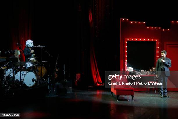The musicians disguise as sheeps while Laurent Gerra Imitates Politician Jean Lassalle during "Laurent Gerra Sans Moderation" at L'Olympia on...