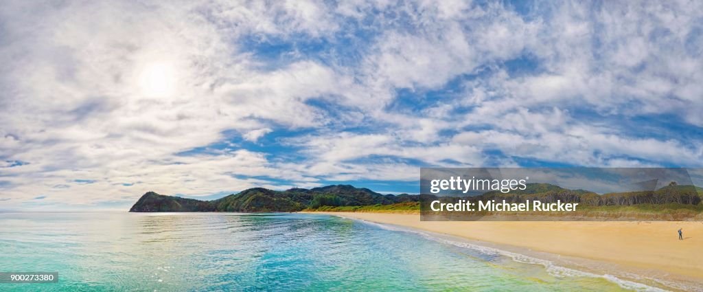 Gold Yellow sandy beach of Awaroa Bay, Abel Tasman National Park, Tasman Region, Southland, New Zealand