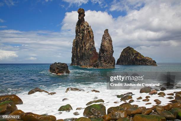 volcanic rock formations, rock needle ilheus da rib, cliffs of ribeira da janela, lanceiros, madeira, portugal - janela ストックフォトと画像