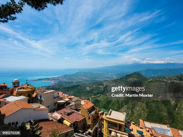 historic centre of castelmola with view of bay of giardini naxos, sicily, italy - castelmola stock pictures, royalty-free photos & images