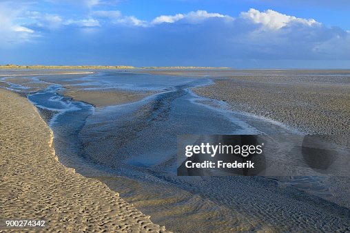 Sandbank with water receding at low tide, St. Peter-Ording, Schleswig-Holstein Wadden Sea National Park, North Frisia, Schleswig-Holstein, Germany Sandbank with water receding at low tide, St. Peter-Ording, Schleswig-Holstein Wadden Sea National Park, North Frisia, Schleswig-Holstein, Germany