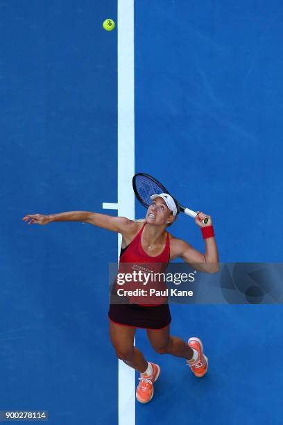 Angelique Kerber of Germany serves to Elise Mertens of Belgium in the womens singles match on day 3 during the 2018 Hopman Cup at Perth Arena on...