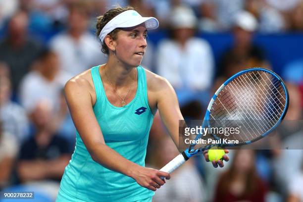 Elise Mertens of Belgium prepares to serve to Angelique Kerber of Germany in the womens singles match on day 3 during the 2018 Hopman Cup at Perth...