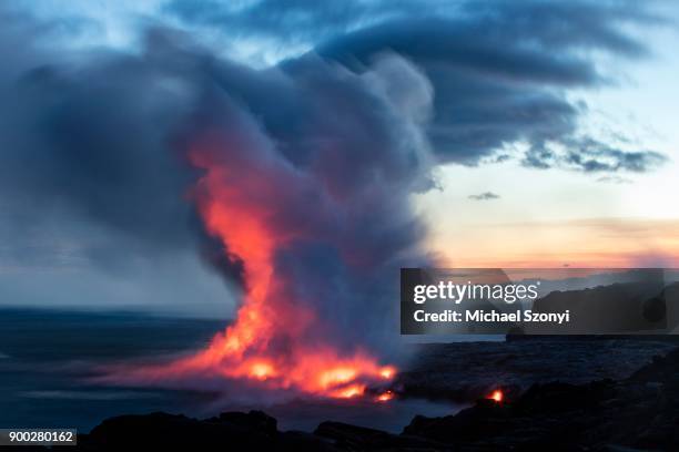 lava entering ocean, kalapana, hawaii volcanoes national park, big island, hawaii, usa - kalapana stock pictures, royalty-free photos & images