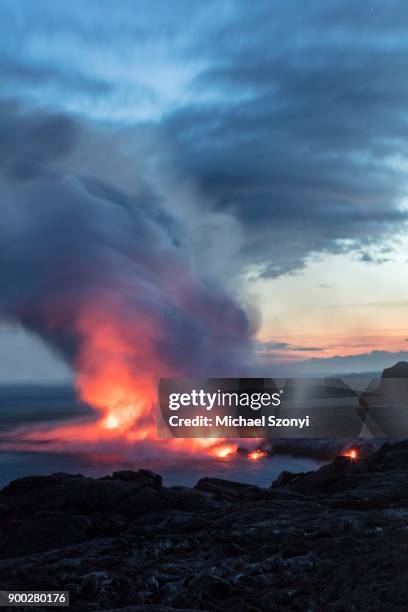 lava entering ocean, kalapana, hawaii volcanoes national park, big island, hawaii, usa - kalapana stock pictures, royalty-free photos & images