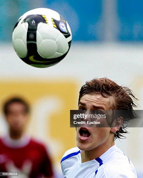 Aleksandr Kokorin of Dynamo Moscow looks to the ball during the Russian Football League Championship match between Dynamo Moscow and Rubin Kazan at...