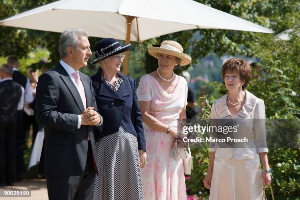 Governor of Saxony Stanislaw Tillich, Queen Margrethe II of Denmark, her sister Princess Benedikte and Veronika Tillich visit Eckberg Castle on...