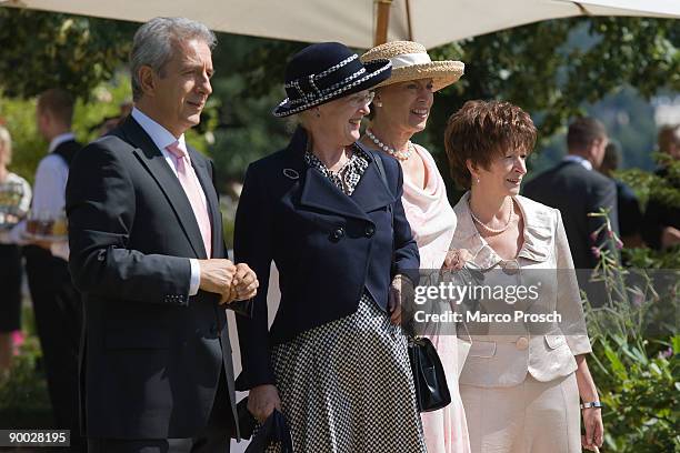 Governor of Saxony Stanislaw Tillich, Queen Margrethe II of Denmark, her sister Princess Benedikte and Veronika Tillich visit Eckberg Castle on...