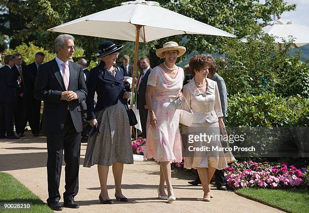 Governor of Saxony Stanislaw Tillich, Queen Margrethe II of Denmark, her sister Princess Benedikte and Veronika Tillich visit Eckberg Castle on...