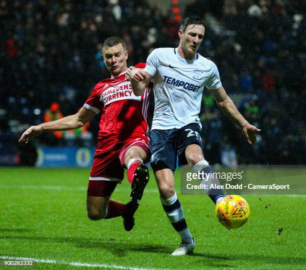 Preston North End's Ben Davies battles with Middlesbrough's Ben Gibson during the Sky Bet Championship match between Preston North End and...