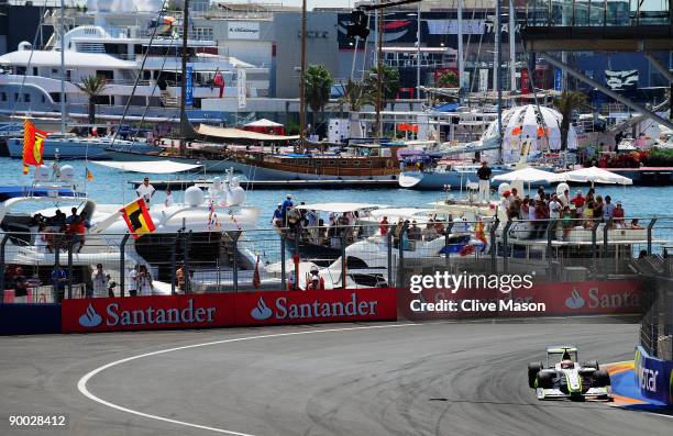 Rubens Barrichello of Brazil and Brawn GP drives on his way to winning the European Formula One Grand Prix at the Valencia Street Circuit on August...