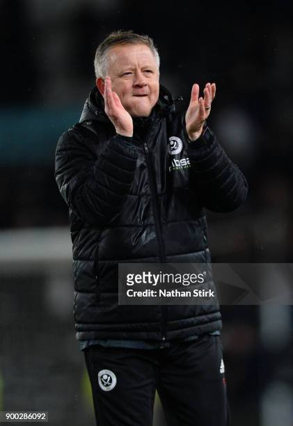 Chris Wilder manager of Sheffield United claps the fans after the Sky Bet Championship match between Derby County and Sheffield United at iPro...