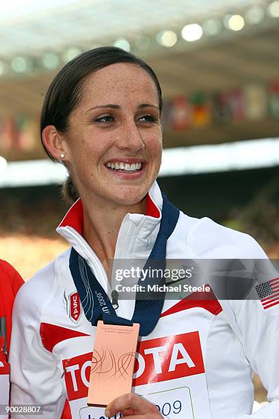 Shannon Rowbury of United States receives the bronze medal during the medal ceremony for the women's 1500 Metres Final during day nine of the 12th...