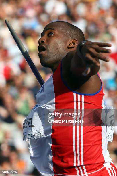 Guillermo Martinez of Cuba competes in the men's Javelin Throw Final during day nine of the 12th IAAF World Athletics Championships at the Olympic...