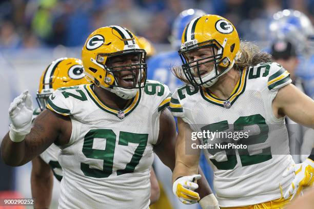 Green Bay Packers outside linebacker Clay Matthews and nose tackle Kenny Clark during the first half of an NFL football game against the Detroit...