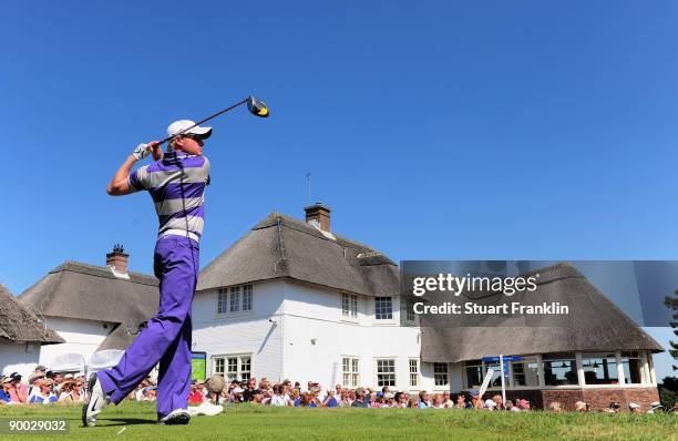 Simon Dyson of England plays his tee shot on the first hole during the final round of The KLM Open at Kennemer Golf & Country Club on August 23, 2009...