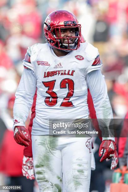 Louisville Cardinals linebacker Stacy Thomas looks on during the game between the Louisville Cardinals and the Mississippi State Bulldogs on December...