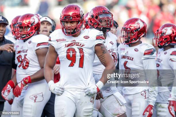 Louisville Cardinals linebacker Trevon Young looks on during the game between the Louisville Cardinals and the Mississippi State Bulldogs on December...