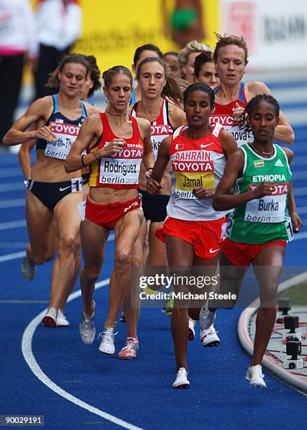 Natalia Rodriguez of Spain, Maryam Yusuf Jamal of Bahrain and Gelete Burka of Ethiopia compete in the women's 1500 Metres Final during day nine of...