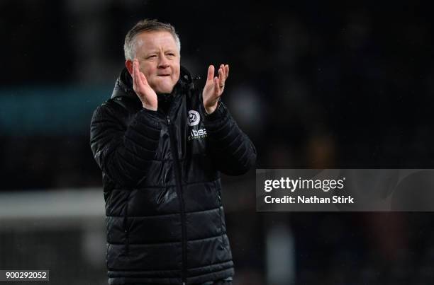 Chris Wilder manager of Sheffield United claps the fans after the Sky Bet Championship match between Derby County and Sheffield United at iPro...