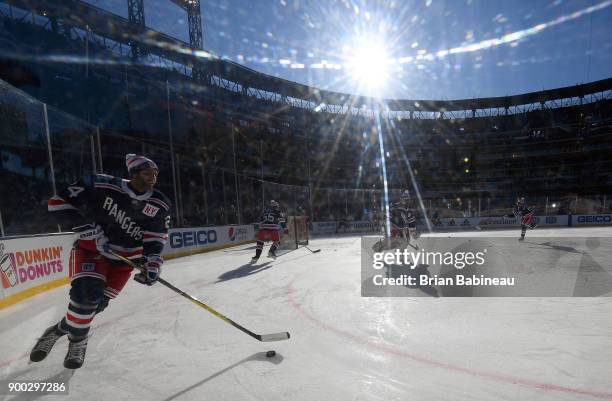 Boo Nieves of the New York Rangers skates during warm-up prior to the 2018 Bridgestone NHL Winter Classic between the New York Rangers and the...