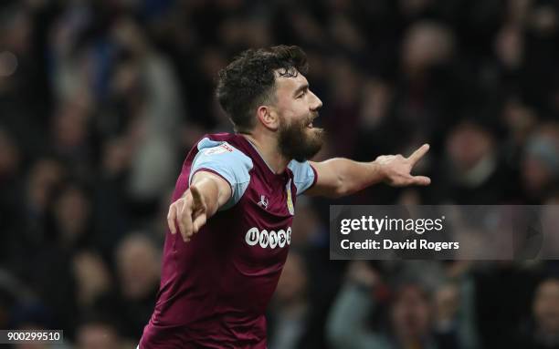 Robert Snodgrass of Aston Villa celebrates after scoring their second goal during the Sky Bet Championship match between Aston Villa and Bristol City...