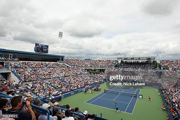 General view of the singles final between Roger Federer of Switzerland and Novak Djokovic of Serbia during day seven of the Western & Southern...