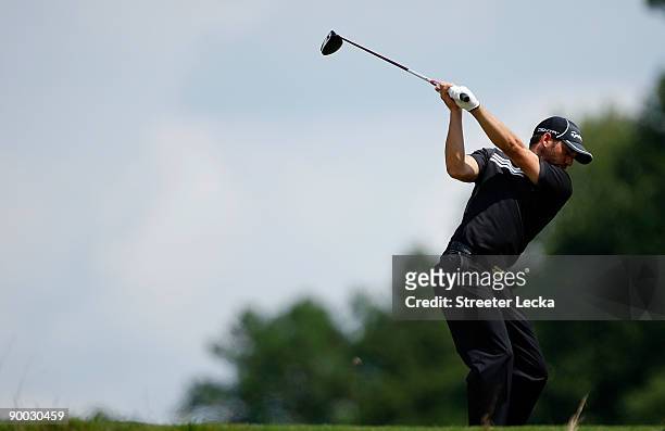 Sergio Garcia of Spain hits a tee shot on the 5th hole during the final round of the Wyndham Championship at Sedgefield Country Club on August 23,...