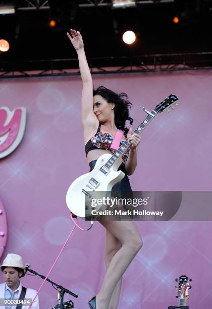 Katy Perry performs on stage on the second day of V Festival at Hylands Park on August 23, 2009 in Chelmsford, England.