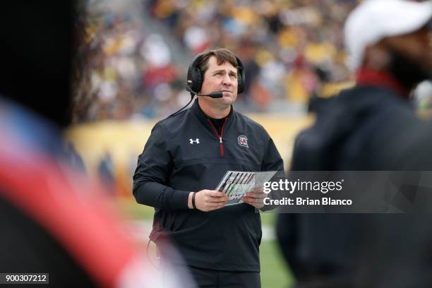 Head coach Will Muschamp of the South Carolina Gamecocks looks on from the sidelines during the first quarter of the Outback Bowl NCAA college...