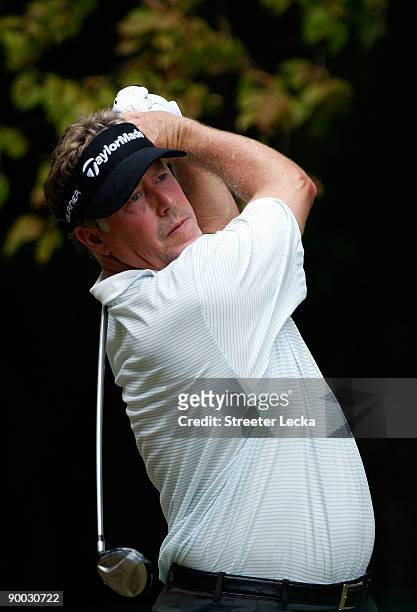 Michael Allen watches his tee shot on the 2nd hole during the final round of the Wyndham Championship at Sedgefield Country Club on August 23, 2009...