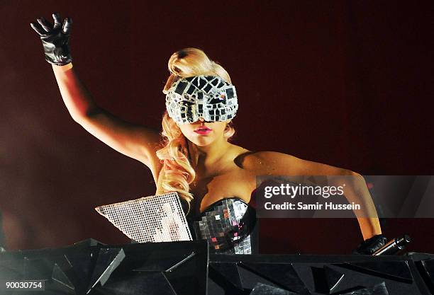 Lady Gaga perfoms in The Arena on day 2 of the V Festival on August 23, 2009 at Hylands Park in Chelmsford, England.