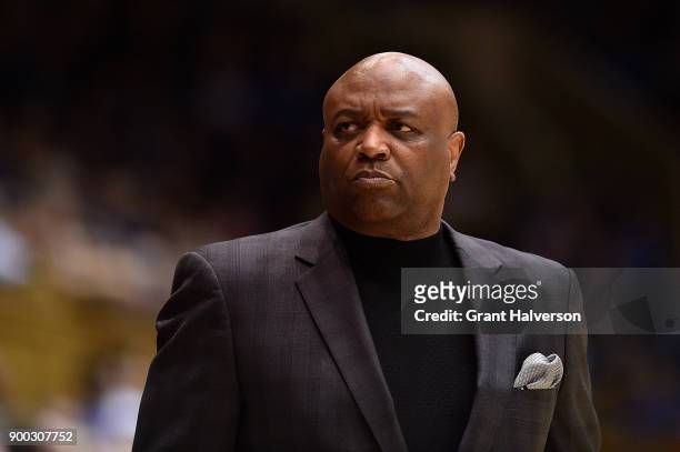 Head coach Leonard Hamilton of the Florida State Seminoles reacts during their game against the Duke Blue Devils at Cameron Indoor Stadium on...