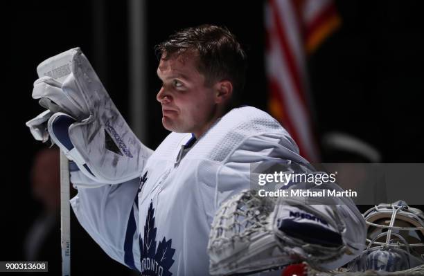 Goaltender Calvin Pickard of the Toronto Maple Leafs stands for the National Anthem prior to the game against the Colorado Avalanche at the Pepsi...