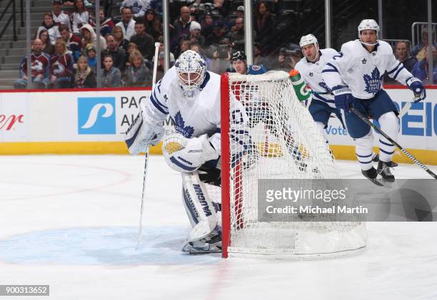 Goaltender Calvin Pickard of the Toronto Maple Leafs eyes the puck against the Colorado Avalanche at the Pepsi Center on December 29, 2017 in Denver,...