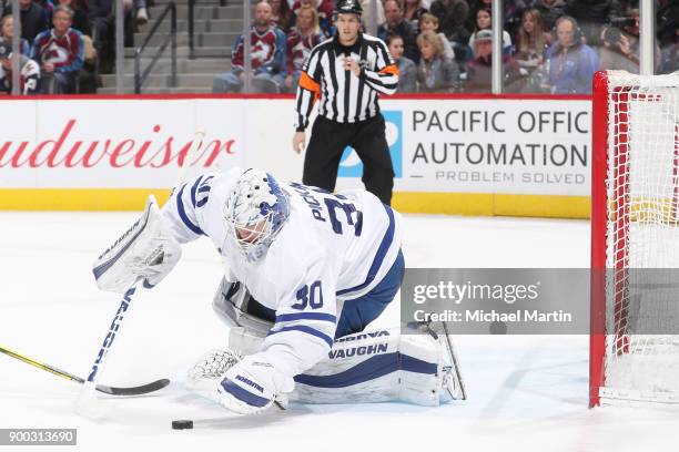 Goaltender Calvin Pickard of the Toronto Maple Leafs makes a save against the Colorado Avalanche at the Pepsi Center on December 29, 2017 in Denver,...