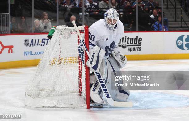 Goaltender Calvin Pickard of the Toronto Maple Leafs stands ready against the Colorado Avalanche at the Pepsi Center on December 29, 2017 in Denver,...