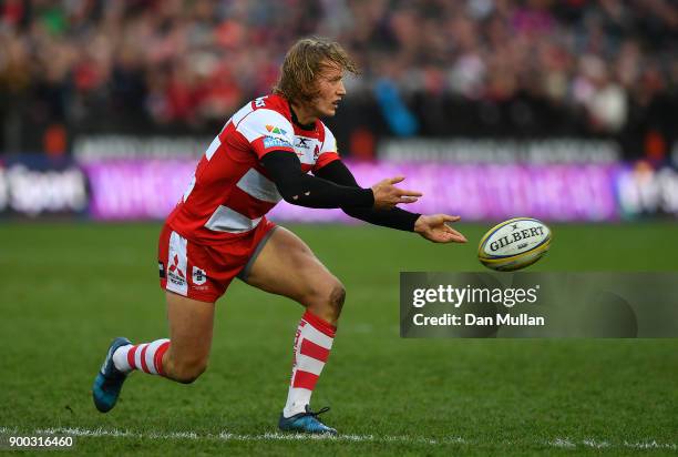 Billy Twelvetrees of Gloucester releases a pass during the Aviva Premiership match between Gloucester Rugby and Sale Sharks Sharks at Kingsholm...