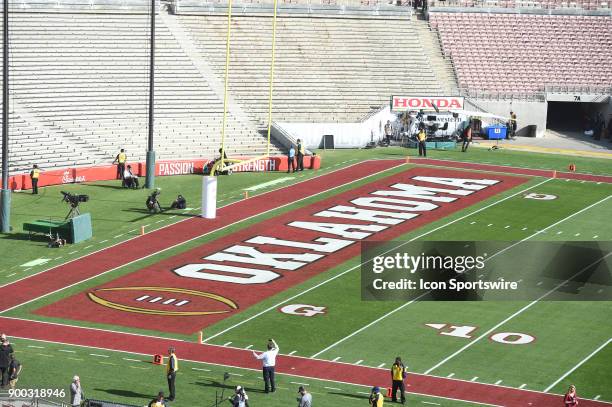 Oklahoma end zone before the College Football Playoff Semifinal at the Rose Bowl Game between the Georgia Bulldogs and Oklahoma Sooners on January 1...