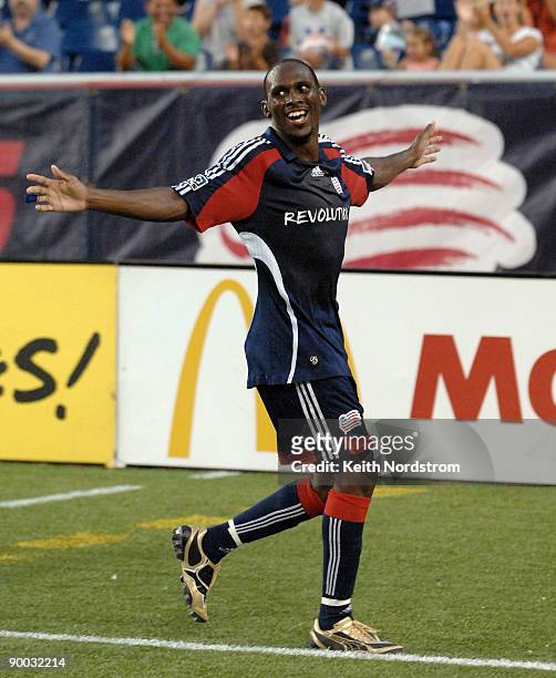 Kheli Dube the New England Revolution reacts to scoring his third goal against Real Salt Lake during MLS match August 23 at Gillette Stadium in...