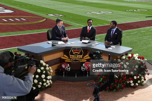 Rece Davis, Desmond Howard and Jonathan Vilma on the set of ESPN College Football before the College Football Playoff Semifinal at the Rose Bowl Game...