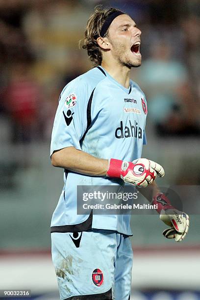 Federico Marchetti goalkeeper of Cagliari in action during the Serie A match between Livorno and Cagliari at the Armando Picchi Stadium on August 23,...