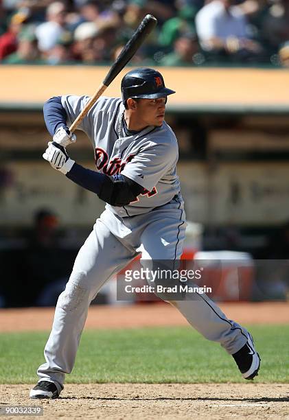 Miguel Cabrera of the Detroit Tigers bats against the Oakland Athletics during the game at the Oakland-Alameda County Coliseum on August 23, 2009 in...