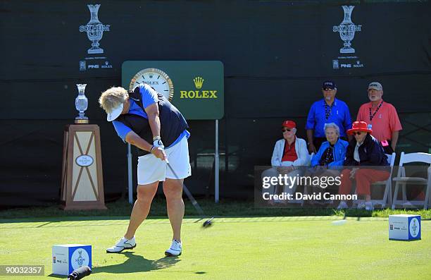 Laura Davies of England and the European Team tees off at the 1st hole during the Sunday singles matches at the 2009 Solheim Cup Matches, at the Rich...