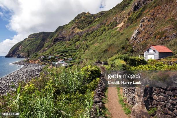 view of cliffs and settlement rocha da relva, southwest coast, island of sao miguel, azores, portugal - relva stock-fotos und bilder