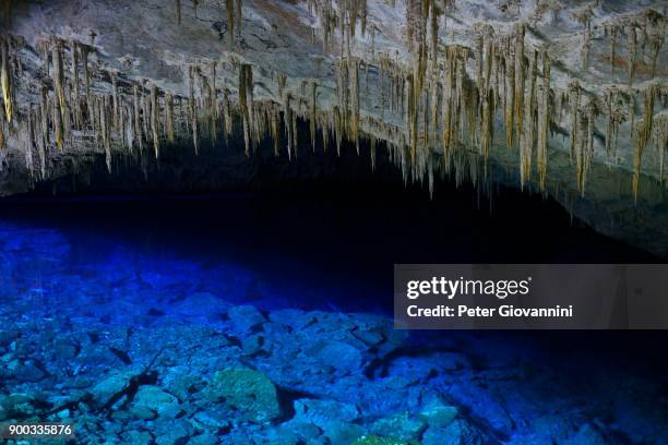 stalactite cave with blue lake, gruta do lago azul, near bonito, matto grosso do sul, brazil - gruta foto e immagini stock
