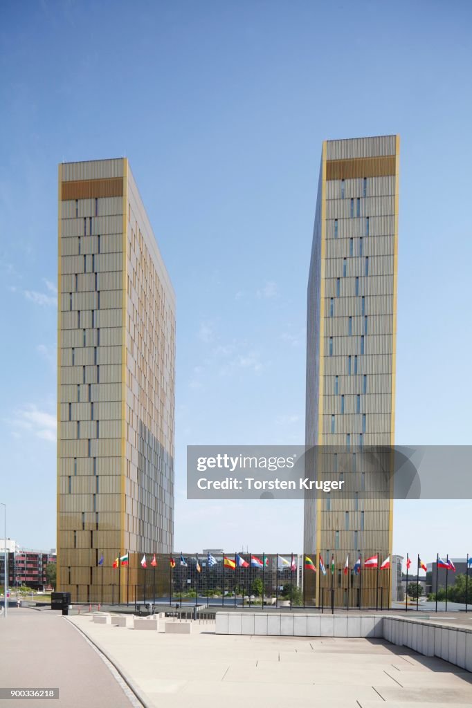 European Court of Justice with European Flags, EU Building, Kirchbergan Centre, Luxembourg City, Luxembourg, Luxembourg